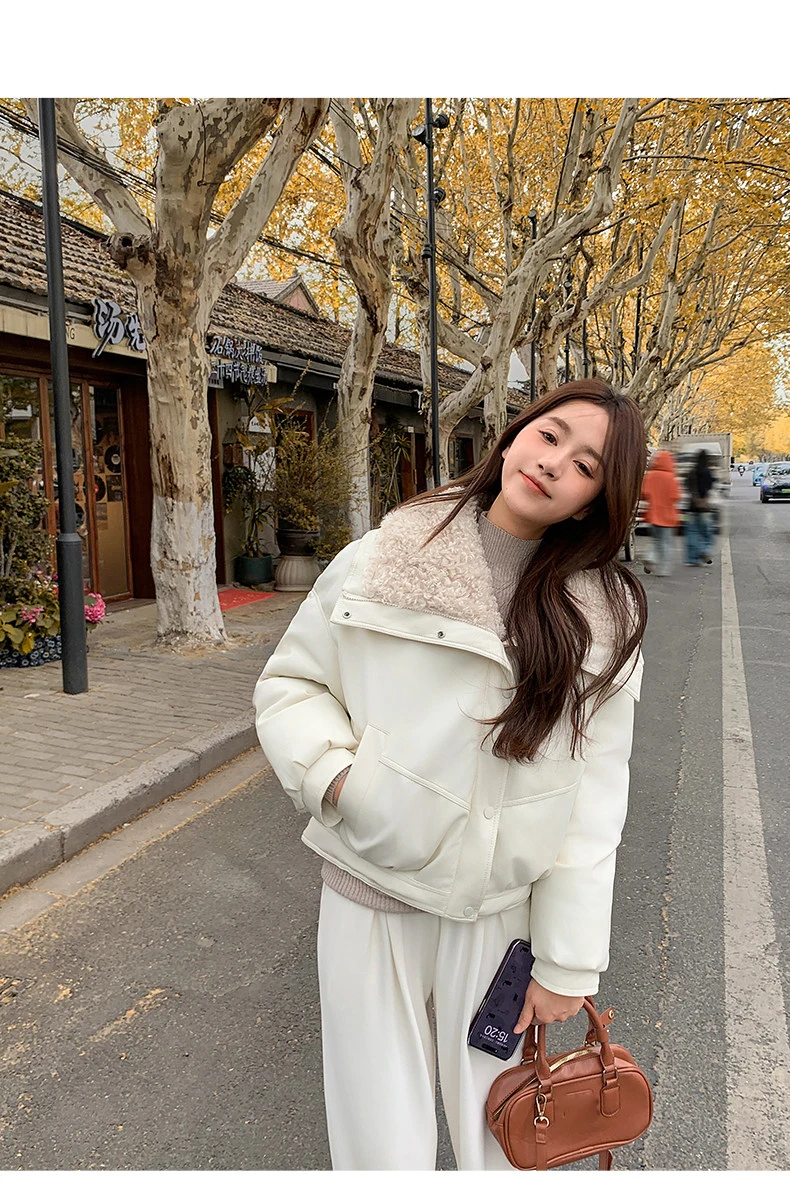 2026 Winter New Thick PU Leather Coat Women Cropped Fluffy Lapel Collar Padded Jacket Female Zip-up Streetwear Cool PU Parkas
