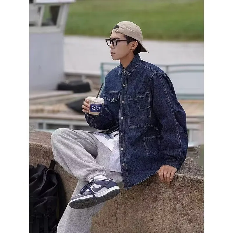 

Mens Denim Shirt Harajuku Long Sleeve Slim Fit Solid Color Loose Jacket Casual Breathable Classical Tops