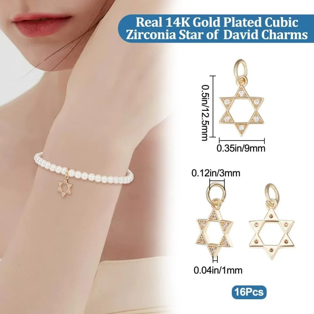 1 Box 16Pcs Star of David Charms 14K Gold Plated Small Star Pendant Charms with Cubic Zirconia with Jump Ring for DIY Crafts kit