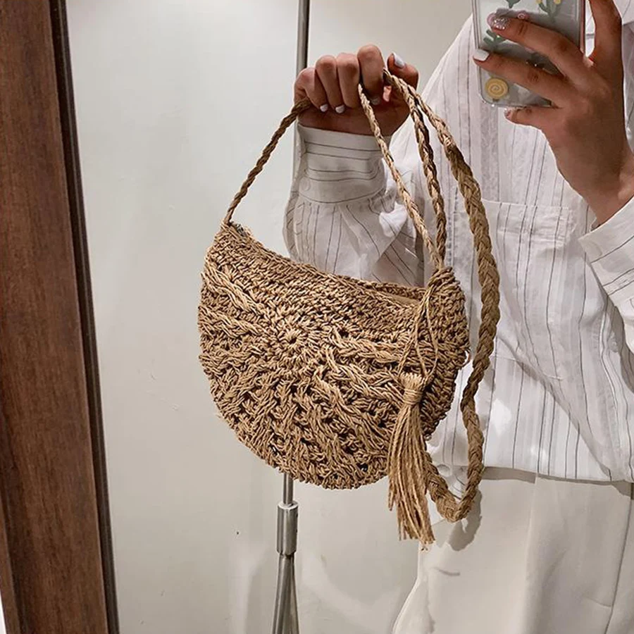 

New Half Round Straw Bags for Women Summer Travel Beach Rattan Bag Handmade Woven Mobile Phone Crossbody Handbags Tassel Bohemia