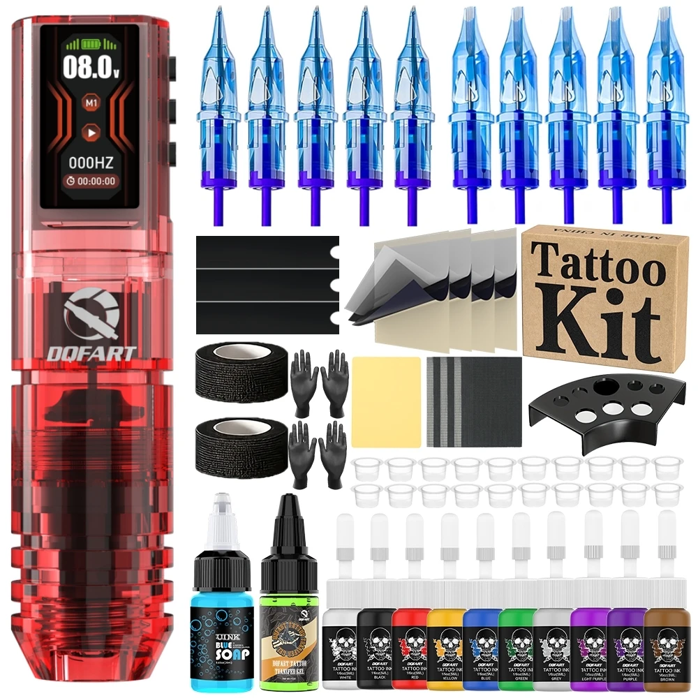 DQFART Red P2 Kit Electric Wireless Tattoo Machine Colorful Led Digltal Display Transfer Paper Tattoo Ink Needles For Beginner