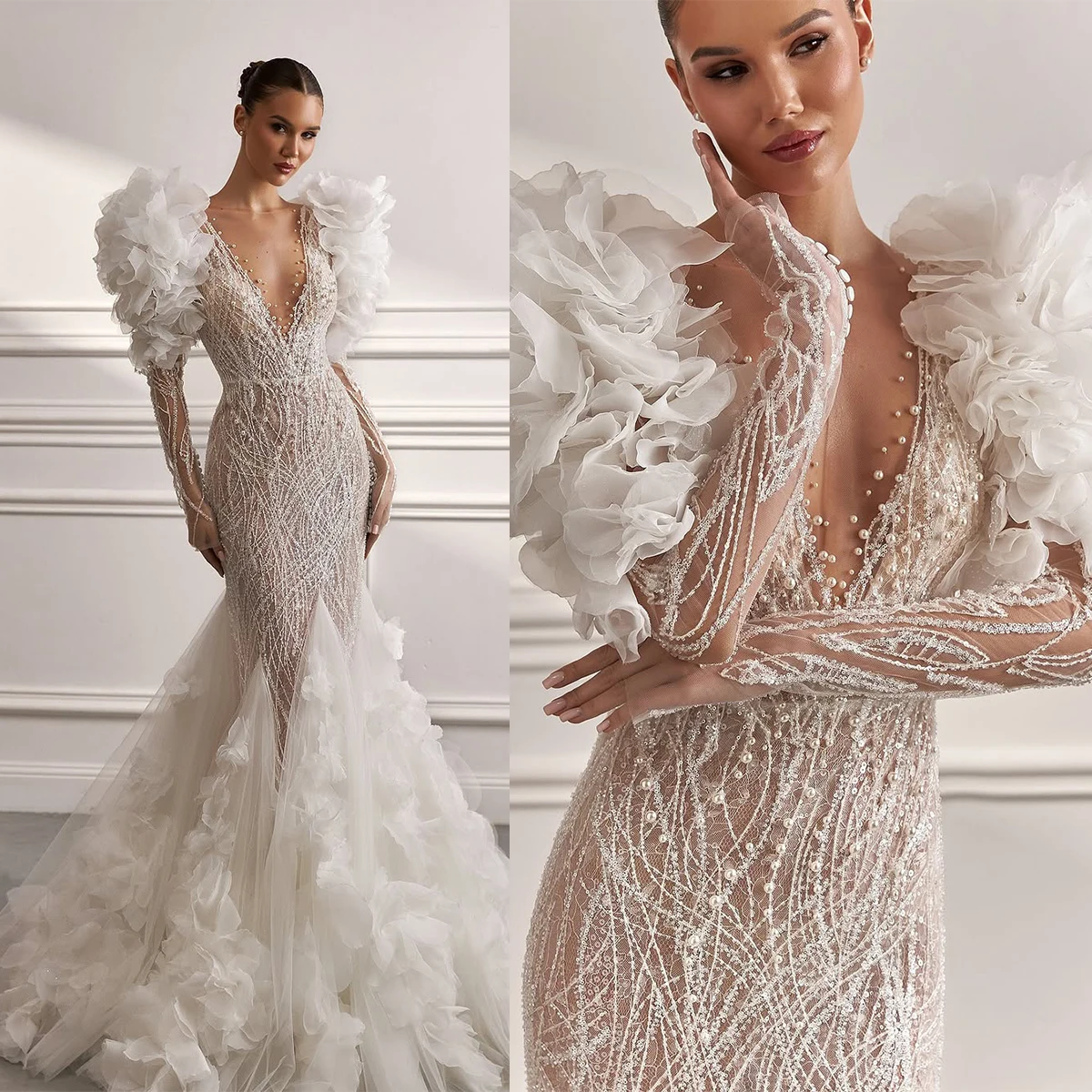 

Gorgeous Wedding Dresses Mermaid O-Neck Appliques Pearls Beads Long Sleeve Bridal Gowns Party Dress Vestido De Noiva Customized