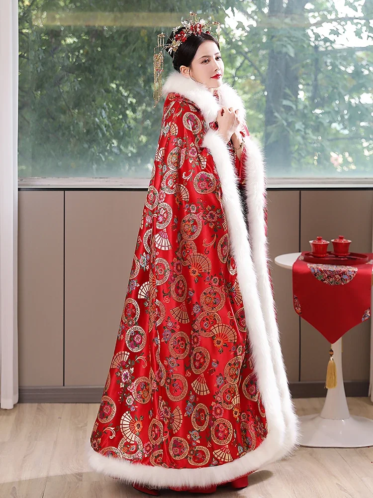 Bridal Show Clothing Cloak Ancient Hanfu Cape Thickened Warm Chinese Wedding Phoenix Crown Charcoal Long Shawl