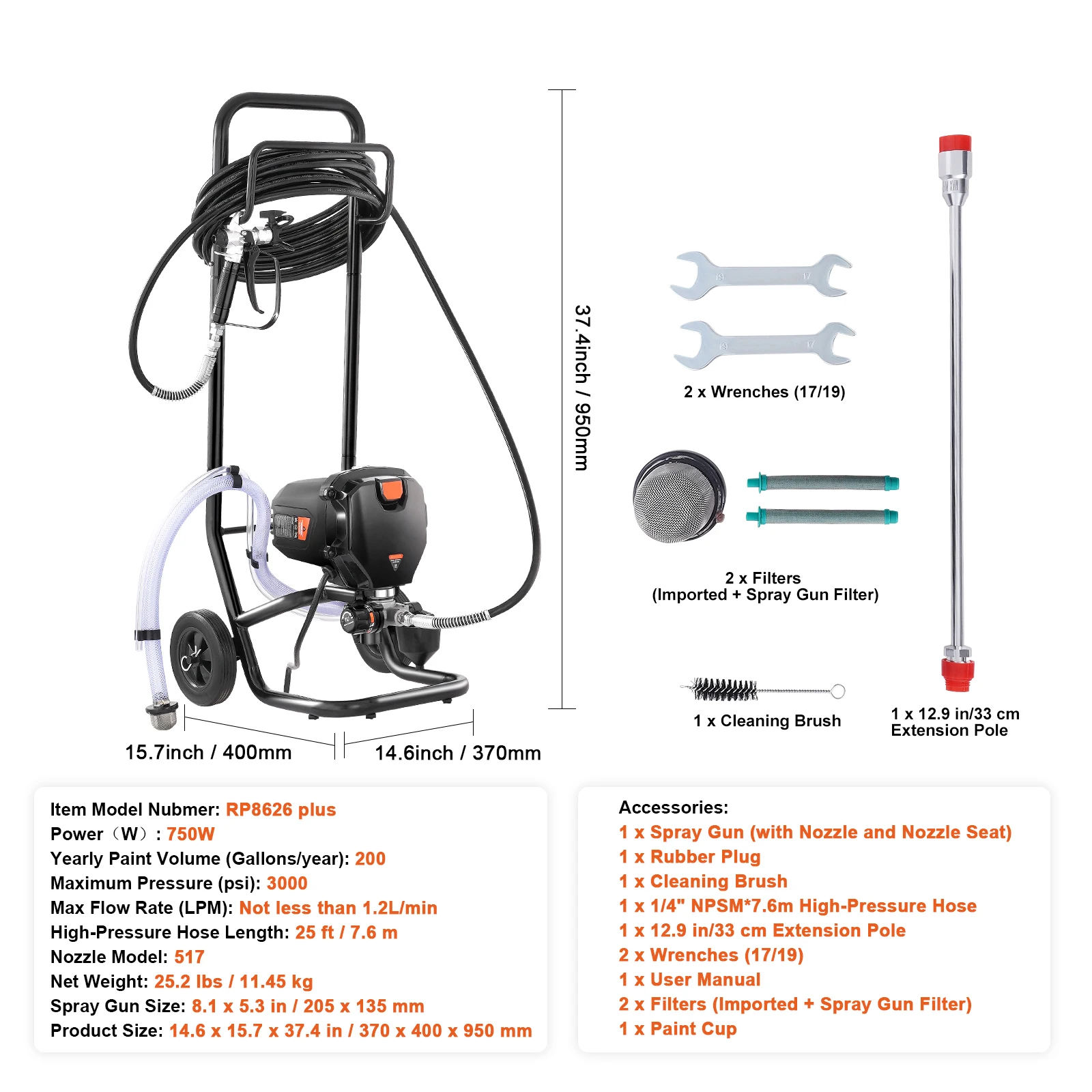 SucceBuy 750W 950W Airless Verfspuit 3000PSI Hoog rendement Elektrisch Airless Spuitapparaat Handheld Verfspuiten Interieur
