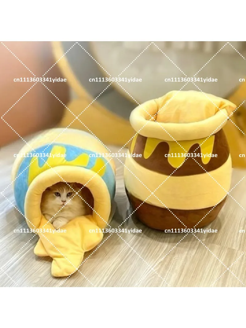 Cozy Cartoon Honey Pot Pet Nest Soft Fleece Warm Bed for Cats Dogs Autumn Winter