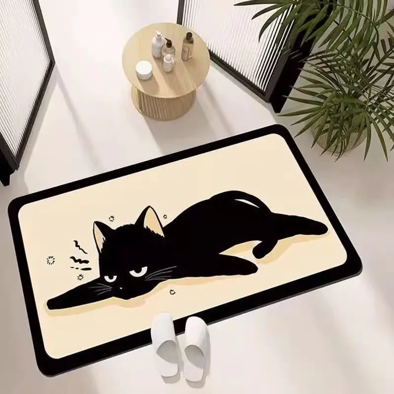 

Entrance Doormat Cute Cartoon Black Kitten Dirt Resistant Anti Slip Water Absorbing Design For Home Shoe Changing Doormat