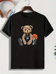 Men's Basketball Bear Cartoon Print Round Neck Short Sleeve T-shirt Casual Fashion Graphic Tee Loungewear Pajamas Top For Summer