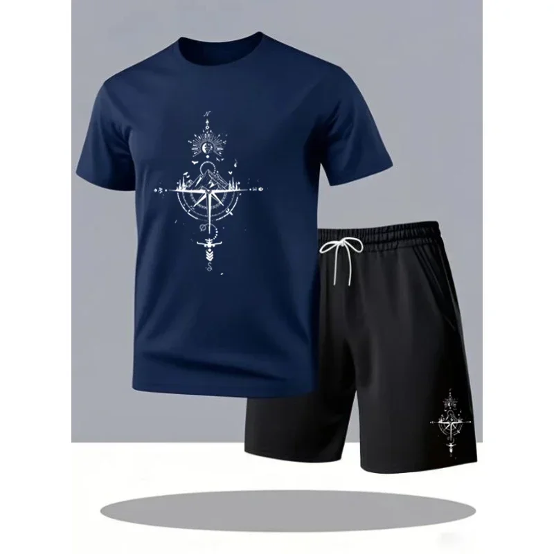 

Mens Vintage Compass Mountain Print T Shirt Shorts Set Oversized Summer Casual Two Piece Outfit Breathable Streetwear Tee