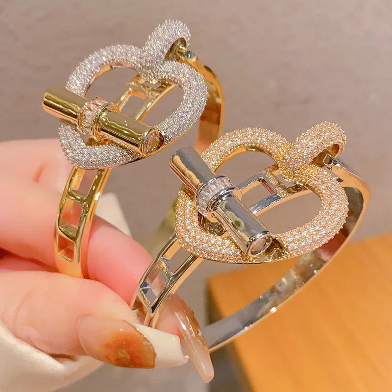 New Sight Design Full Crystal Heart Bangles&bracelets for Women Fashion Brand Jewelry Zirconia Hollow Bangles Accessories