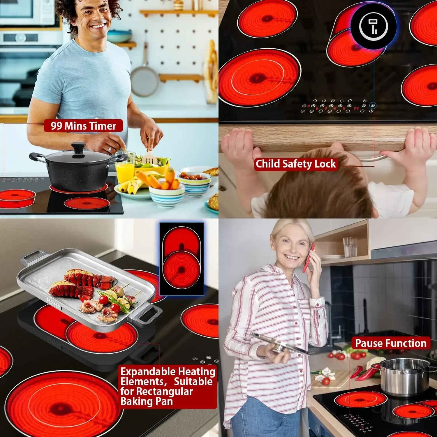 Cooktop cerâmico elétrico com controle de toque do sensor, 5 queimadores, Cooktop radiante, trava de segurança infantil, 30"