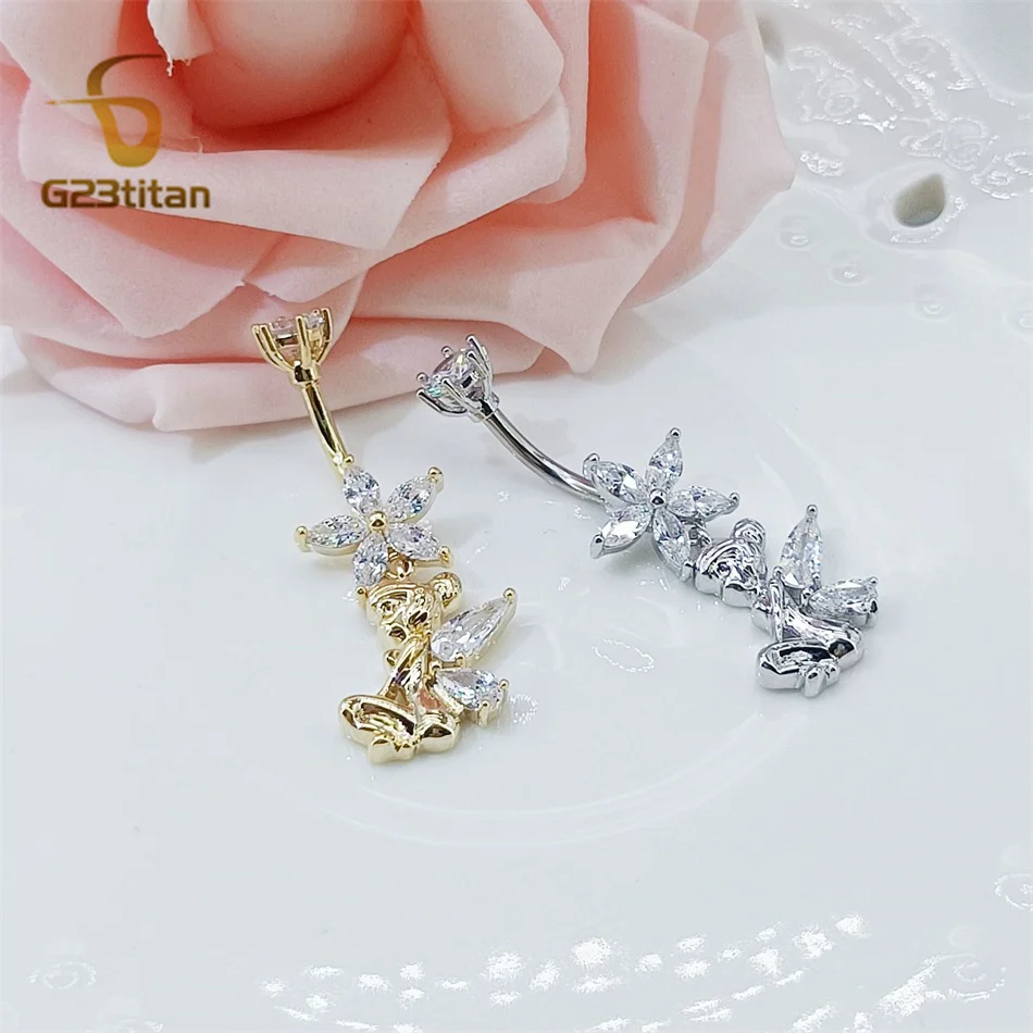 Dainty Flower Elf Angel Zircons Navel Rings 14G Surgery Hypoallergenic Titanium Bar Piercing Women Men Gold Silver Color Jewelry