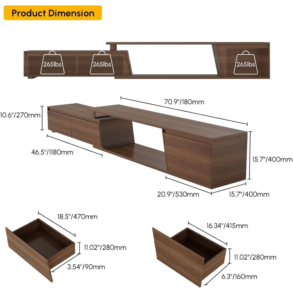 Extendable TV Stand with 3 Drawers Minimalist Rectangle Entertainment Center Walnut TV Console Table Up to 110"