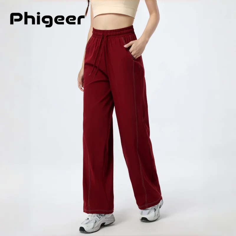 PHIGEER Women's Loose Yoga Pants With Wide Leg and Pocket, Elastic Waist Jogger Sweatpants, Lightweight Sports Pants For Running