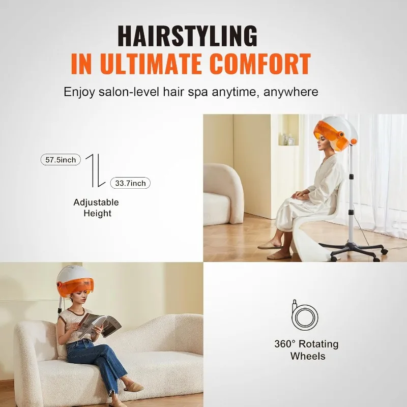 VEVOR 1875W Hooded Bonnet Dryer with Variable Speed, Temperature, Timer, and Wheels for Beauty Salon and Home Spa