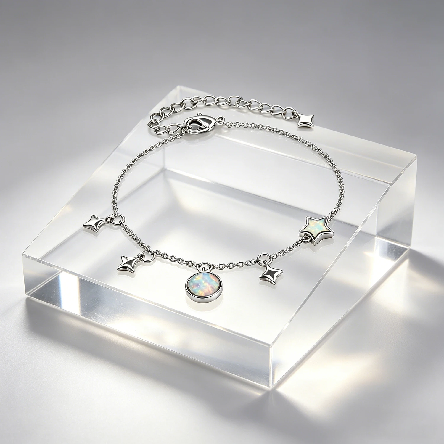 Everyday Wear Adjustable Chain Bracelet Round Opal Pendant Stars Minimalist Jewelry Gifts Dainty Opal Star Bracelet for Women 4