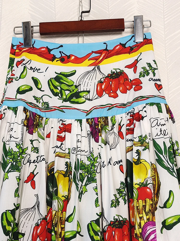 AELESEEN Women 100% Cotton Skirt 2022 Runway Fashion Sicilian Colorful Vegetables Printed Elegant Long Party Holiday Poplin