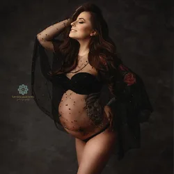 Sexy Black Maternity Lace Pearls Cape Photography Dress Photo Shoot Props Tops Mesh Pregnant Grown Props Accessories Baby Shower