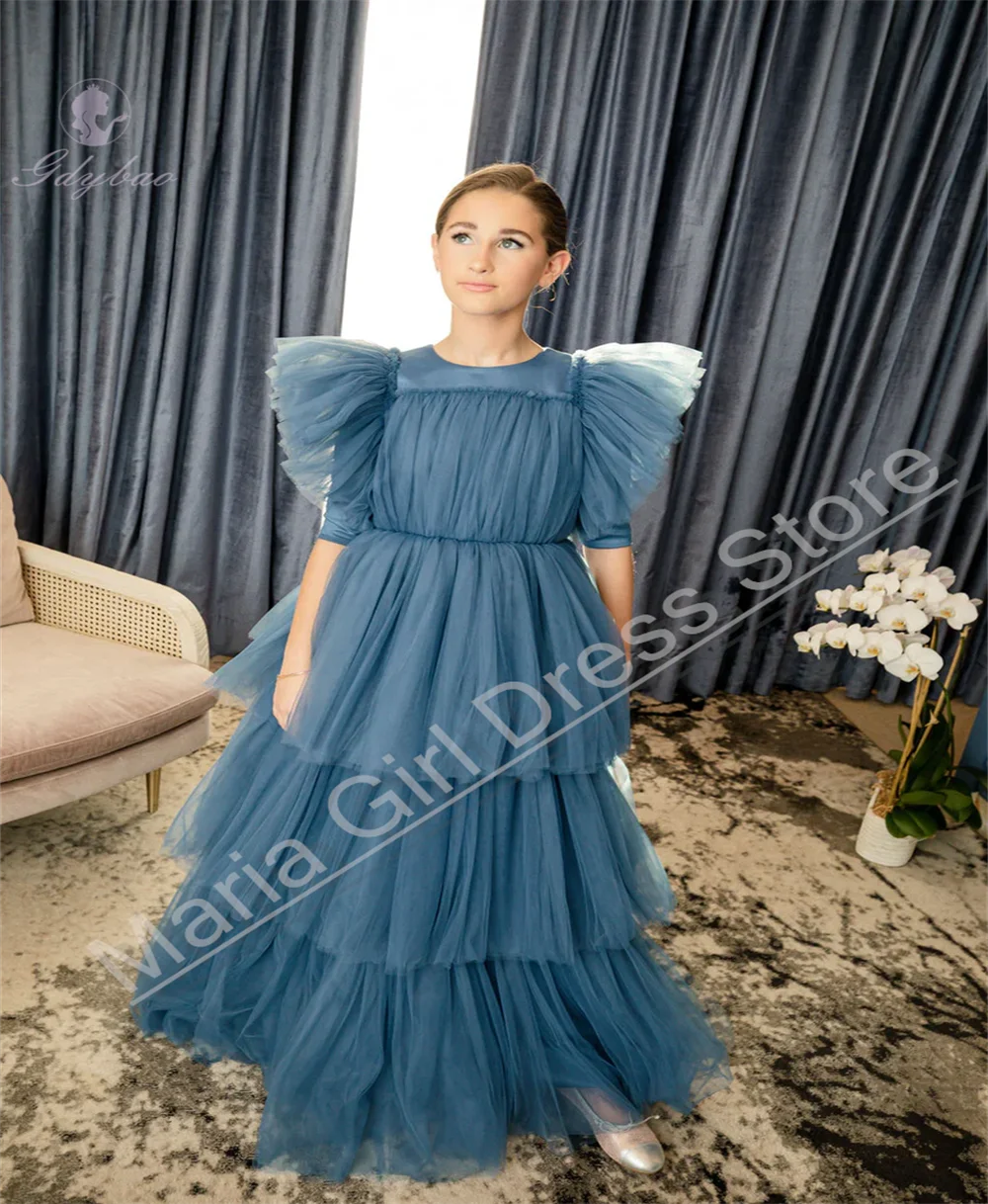 ガールパーティードレス 半袖 エレガントなフラワーガールドレス 結婚式に最適 レイヤードチュール 初誕生日 子供用プロムドレス