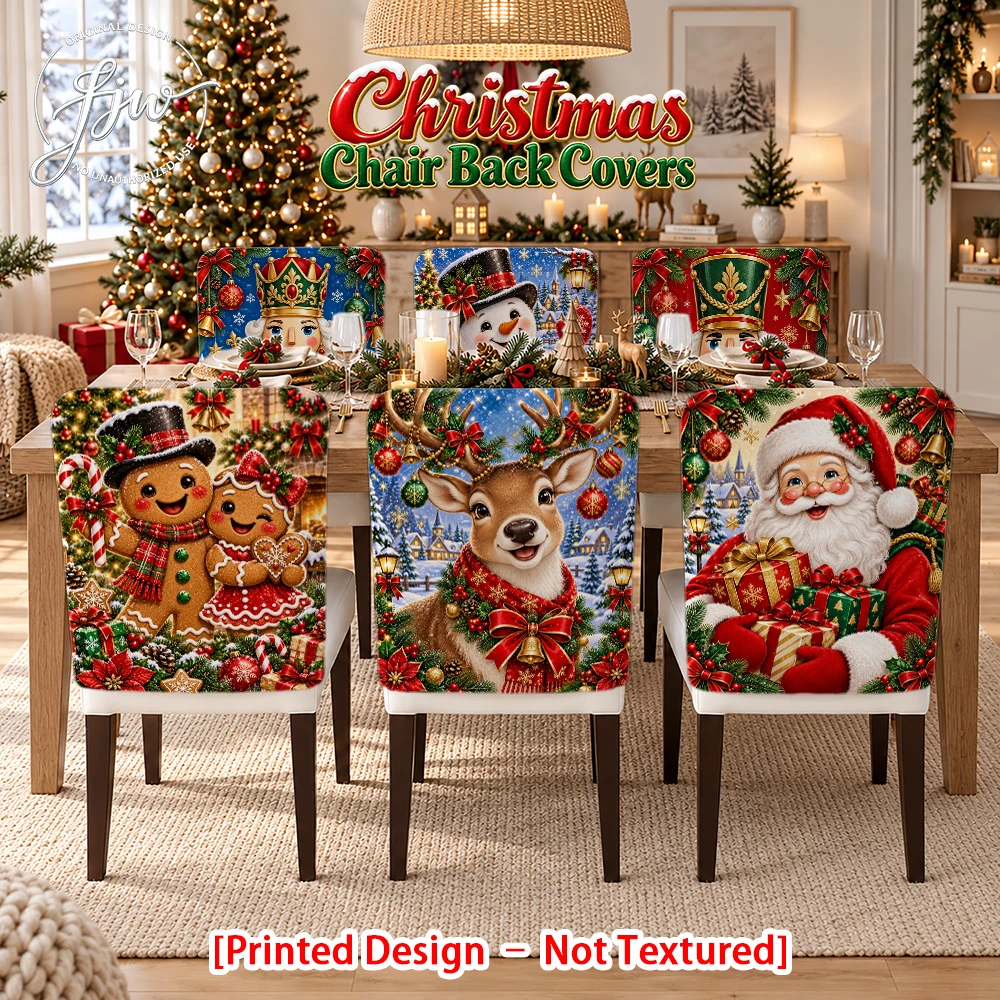 2/4/6pc Christmas Chair Back Covers Cute Xmas Santa Reindeer Snowman Print Dining Chair Slipcovers for Holiday Party Home Decor