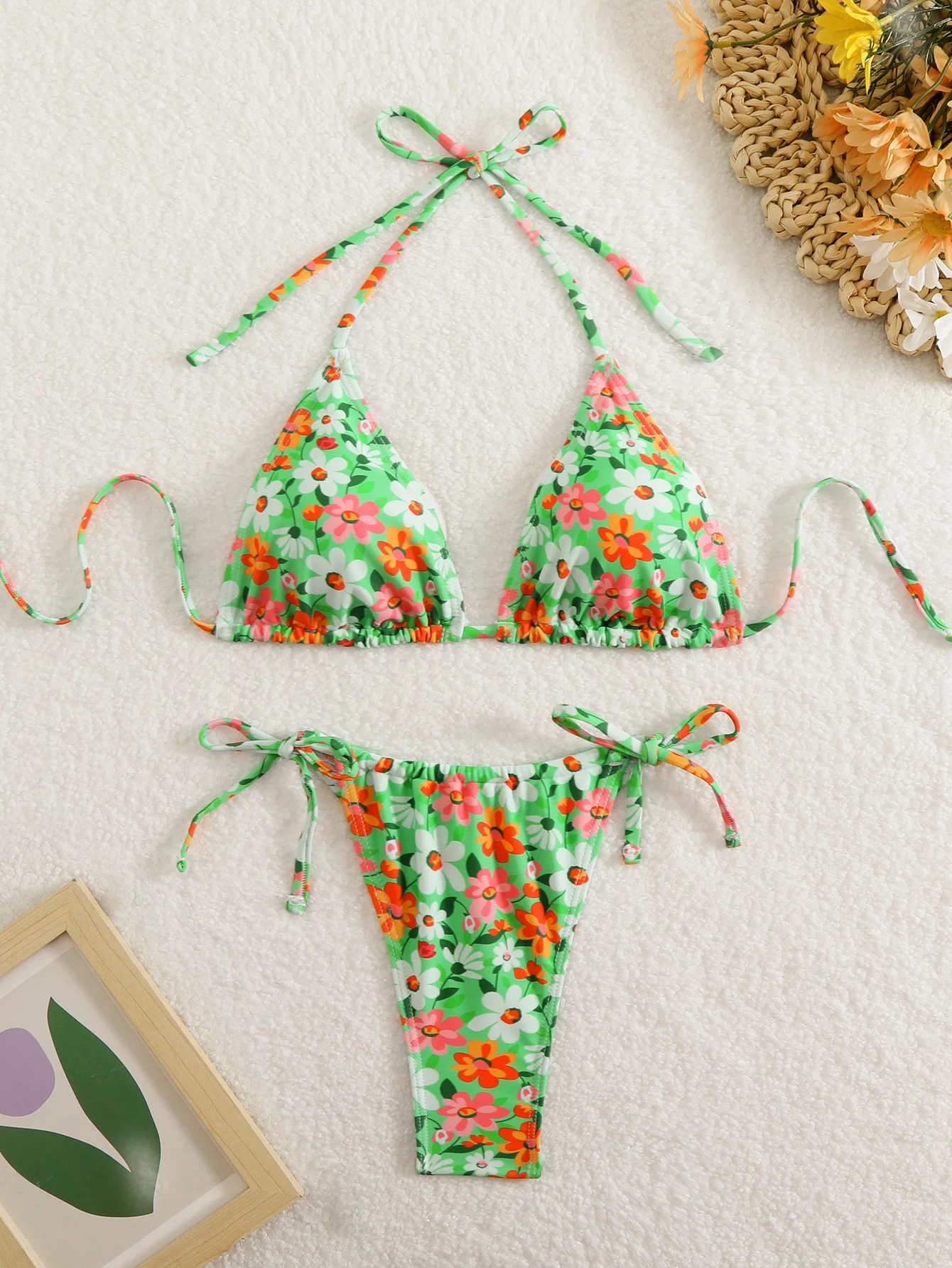 Sexy flor impressão verde micro mini biquínis define duas peças halter tie maiôs beachwear maiô biquini tankini