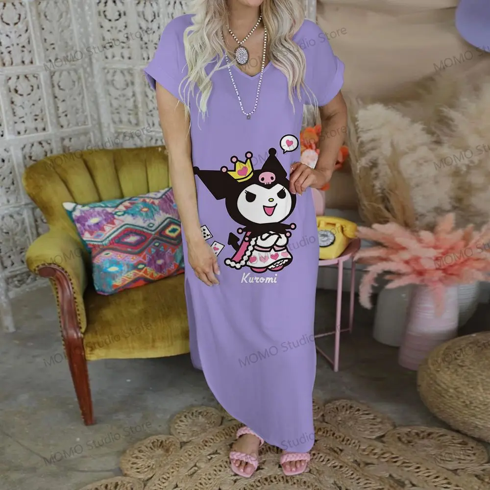 V-neck Robe Kuromi Long Dresses S-2XL Y2k Clothes Lovely Streetwear 2024 Kawaii Elegant Gowns Fashion Summer Woman Dress Party