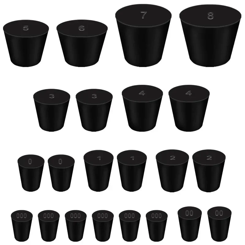 22pcs/Set Solid Rubber Stopper 11 Assorted Sizes 000# - 8# Black Tapered Lab Seal Rubber Stoppers