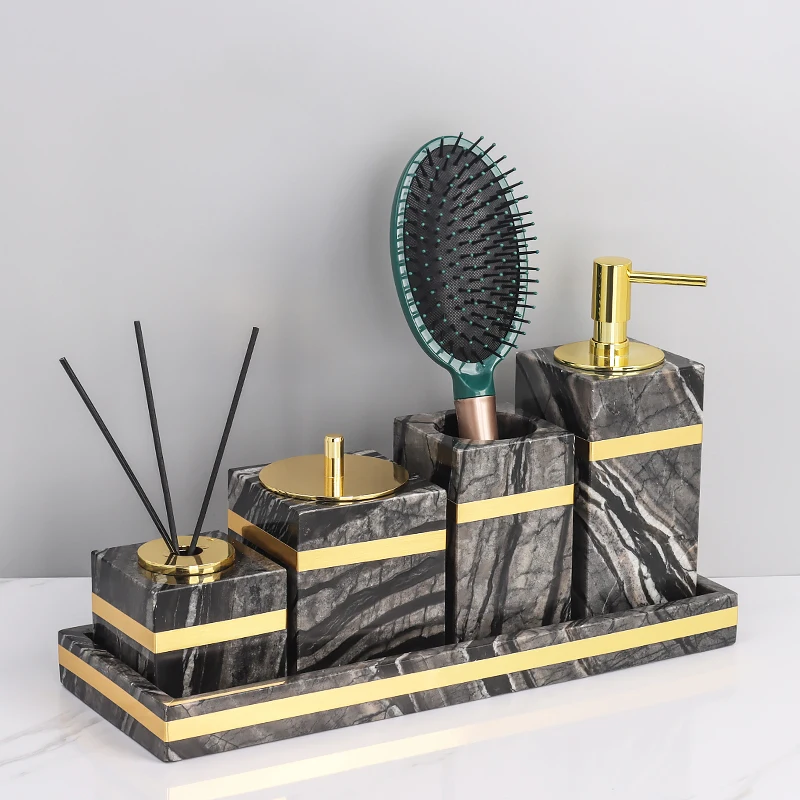 Tree Black Natural Marble Bathroom Set Golden Luxury Soap Dispenser Soap Dish Tray Bathroom Accessories