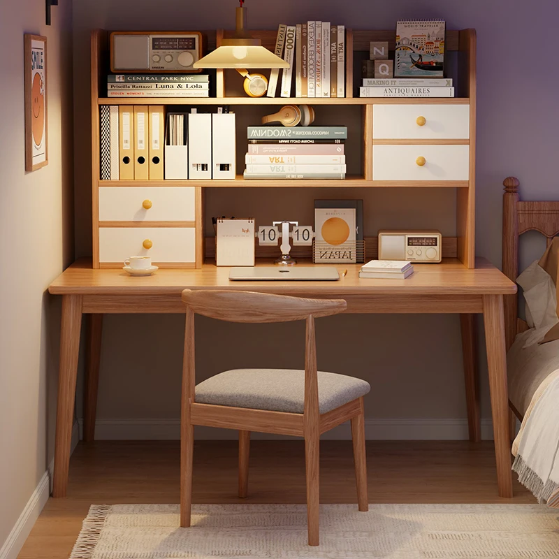 

Desk bookshelf integrated table household student simple solid wood legs computer desk bedroom writing office desk and chair
