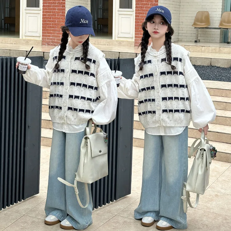

Autumn School Girls 3pcs Outfit Solid Round Neck T-shirt+Contrast Color Single-breasted Vest+Loose Denim Pant Children Girls Set