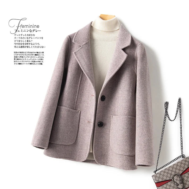 

New Double sided Woolen Coat Women's Short Fashion Slim Fit 100% Pure Woolen Coat Small and High end Slim Appearance