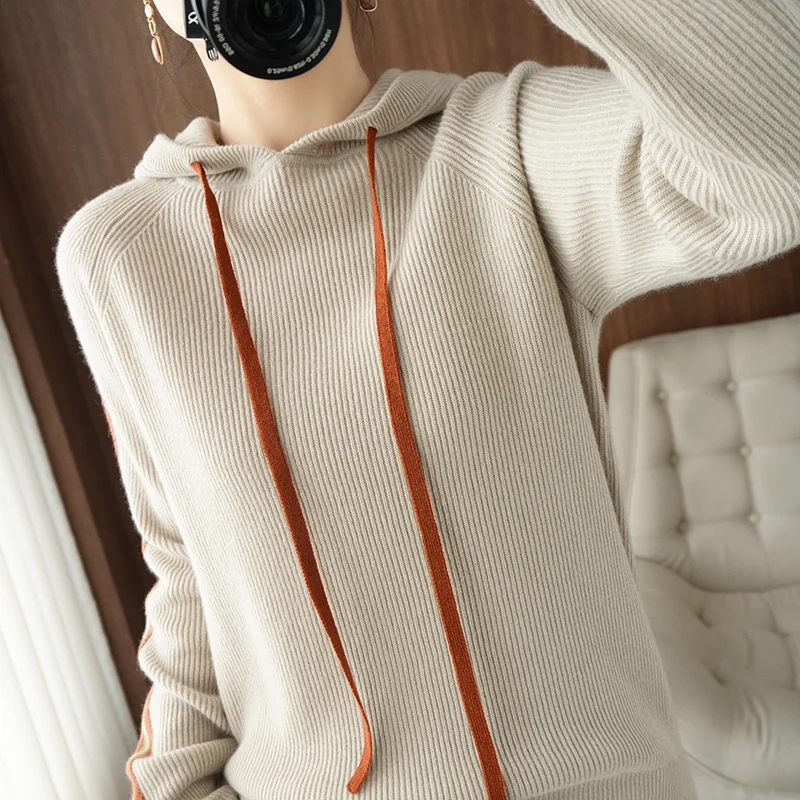 Thickened hooded 100% pure woolen sweater casual Korean hoodie women\'s autumn and winter new Korean casual knitting sweater