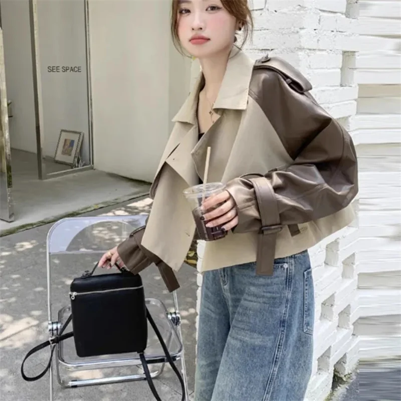 Wind Coat Coat for Women 2026 Spring Autumn Style Unique High-end Temperament Goddess Style PU Leather Patchwork Short Cardigan
