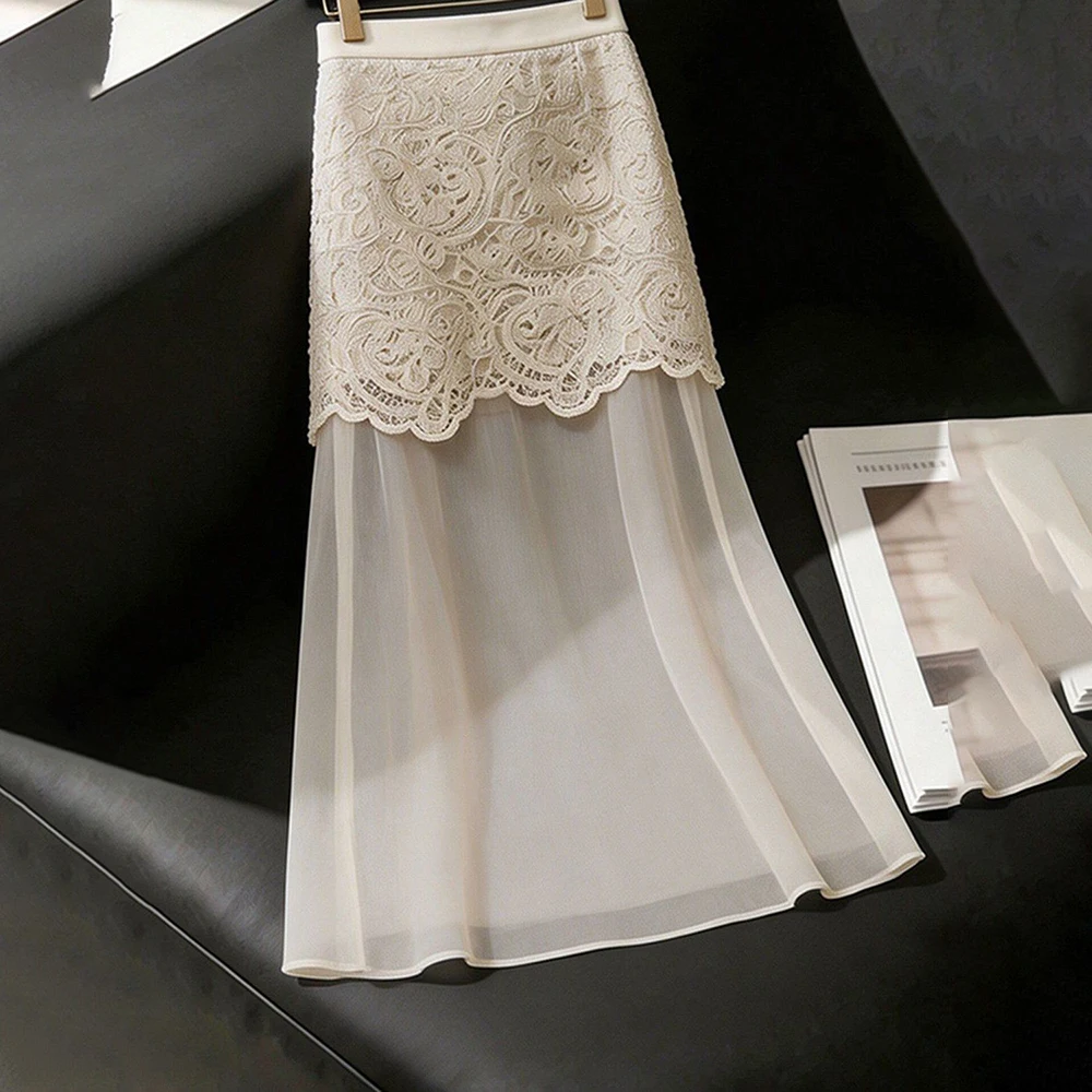 White lace splicing skirt women's 2026 new summer design is unique, beautiful and thin temperament a-word skirt