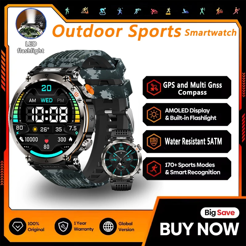 

5ATM Outdoor Smart Watch Men 600mAh LED Flashlight SmartWatch Compass Bluetooth call Heart rate IP 68 Sports Smartwatch 2025 New
