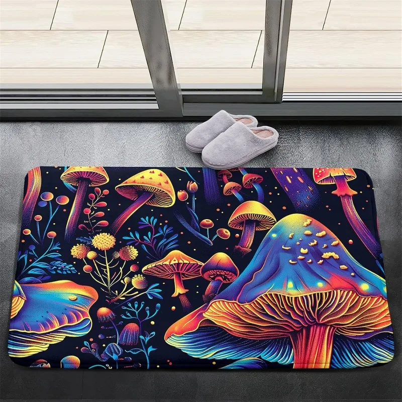 Fußmatte mit Fantasy-Pilz-Muster, märchenhafter Stil, bunte fluoreszierende Pflanze, Eingangsbereich, Dekor, Teppich, für den Innen- und Außenbereich, rutschfester Teppich