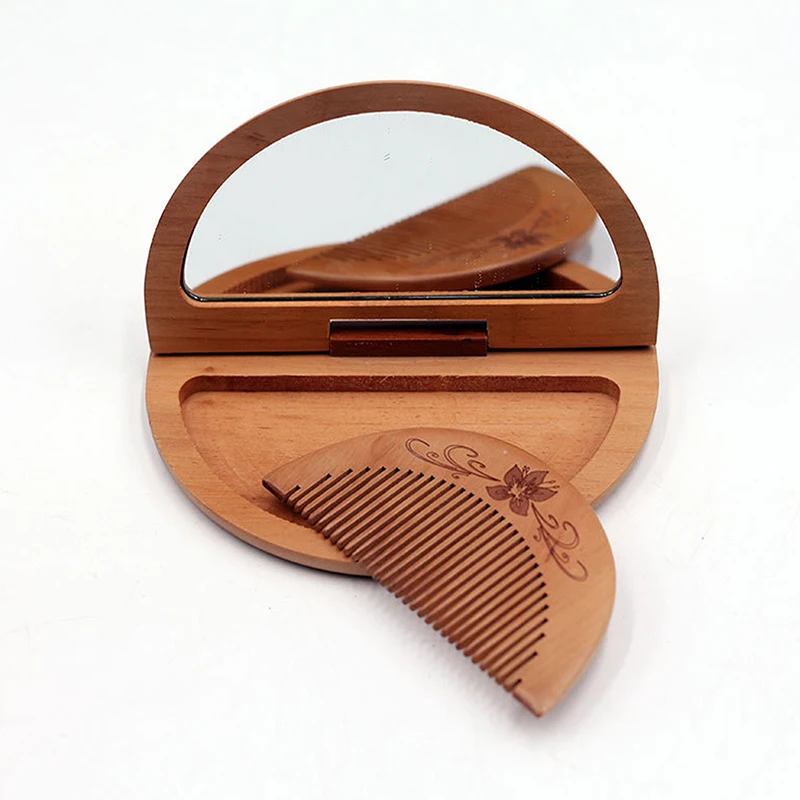 Mini espejo de maquillaje Vintage, espejo plegable portátil rectangular de Peachwood para niña y mujer, juego de espejo de peine de madera duradero 2 en 1