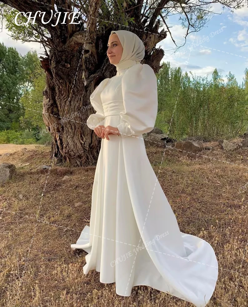 A Line Satin Muslim Wedding Dresses Bride Dress Long Sleeve High Neck Arabic Dubai Bridal Gowns Vestidos De Novia فساتين زفاف