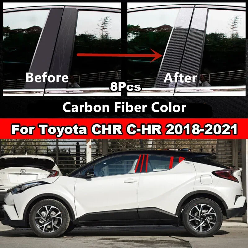 8Pcs Carbon Fiber Pillar Posts Door Trim Cover Kit For Toyota CHR C-HR 2018-2021