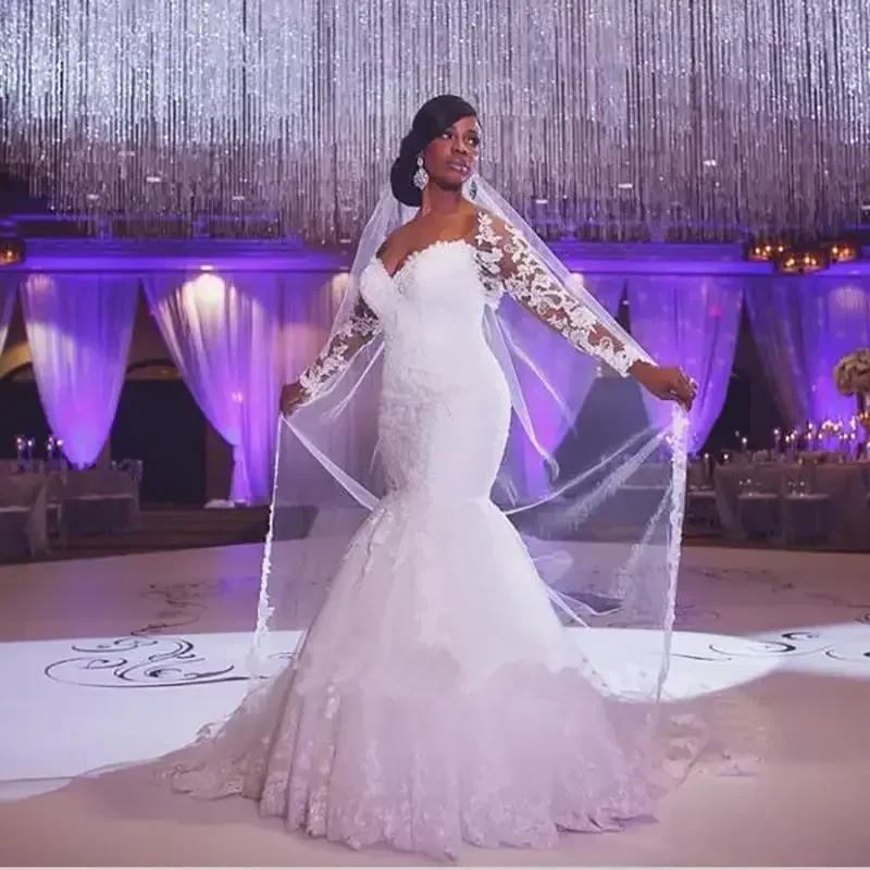 Customized Elegant Sweet Heart Long Sleeve Wrapped Waistline Mermaid Custom Made Wedding Dress