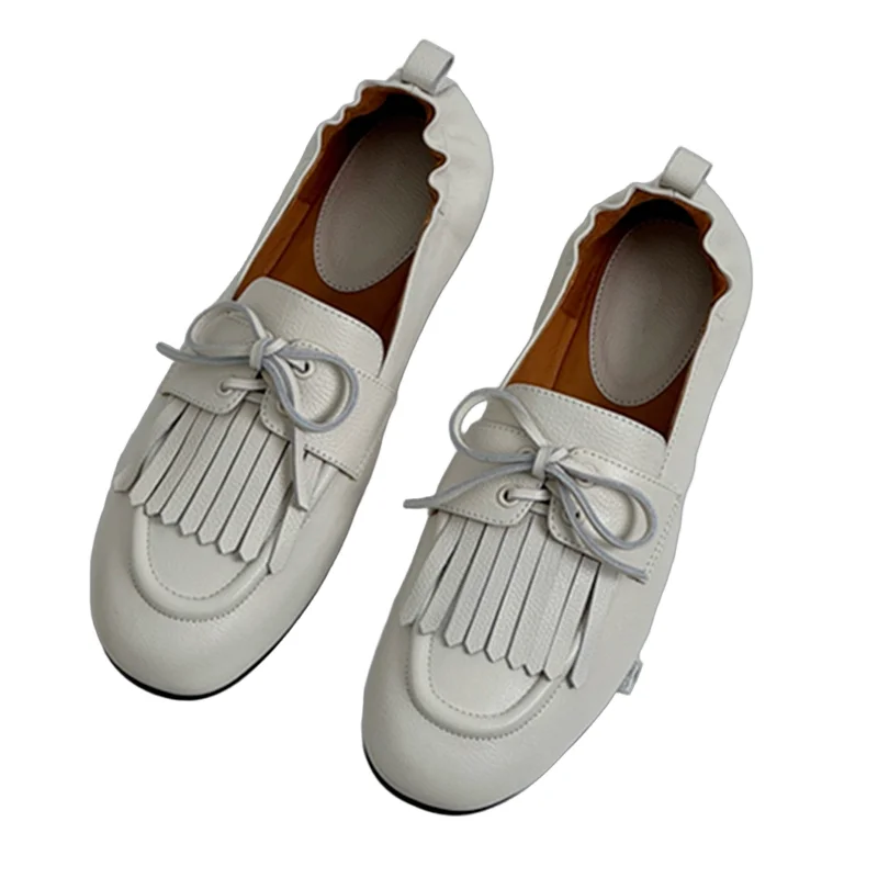 

Withered French Ladies Elegant Retro Tassel Elastic Loafers Shoes Minimalist Soft Handmade Cowhide Leather Flat Shoes Women