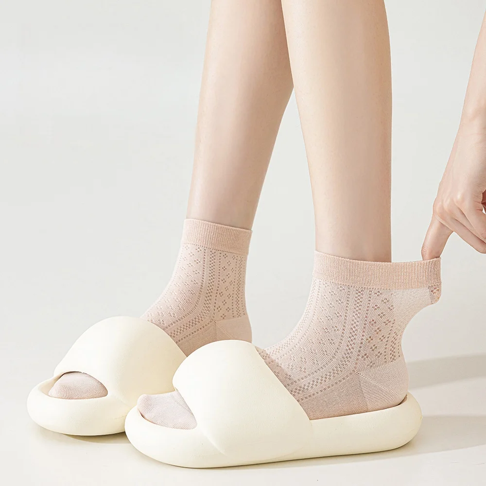 7 Pair Ladies' Bamboo Fiber Summer Lightweight Seamless Mid-Calf Socks Comfortable Cool Breathable White Solid Color Socks
