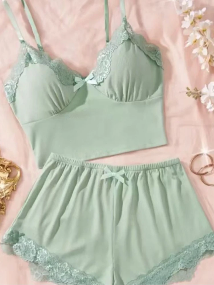 

Комплект женской домашней одежды из 2 предметов: пижама с кружевной отделкой, мягкая, в нескольких цветах, на бретельках-спагетти