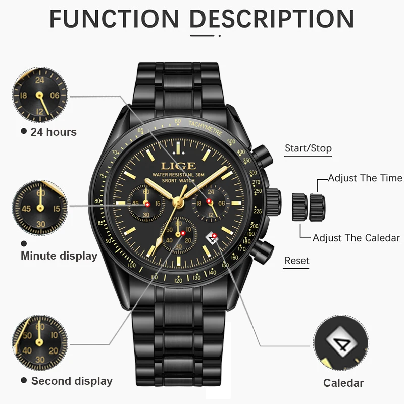 LIGE Classic Casual Watch for Men Stainless teel Sport Waterproof Male Watches Quartz Date Display Clock Relogio Masculino