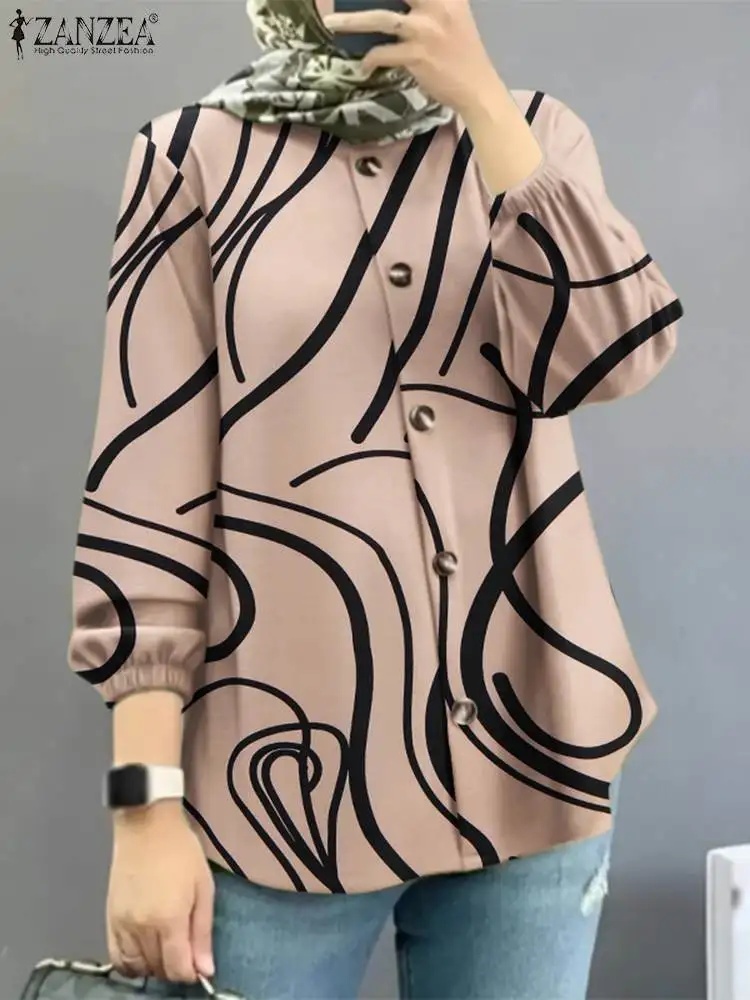 ZANZEA Fashion Women Shirt Autumn Vintage Printed Blouse Long Sleeve Muslim Tops Casual Abaya Bohemain Holiday Work Blusas Mujer