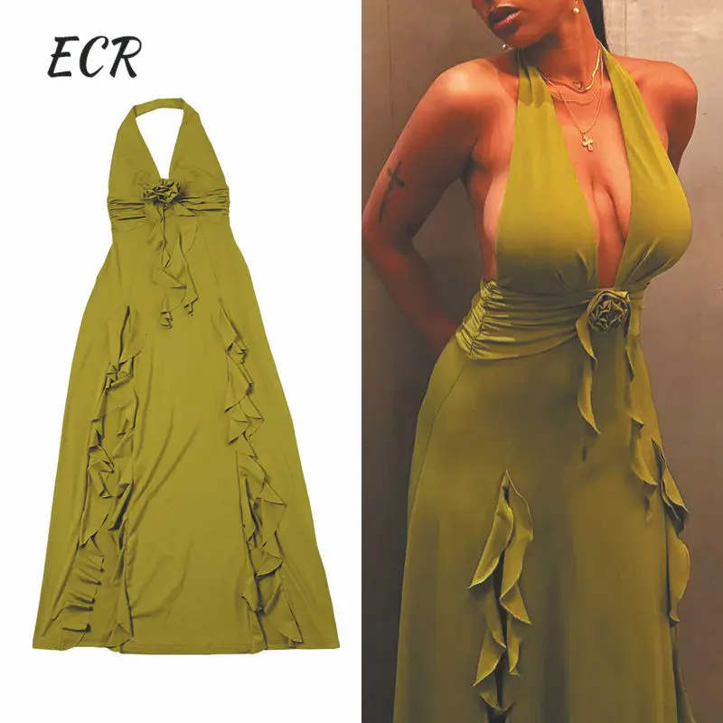 

ECR Sexy Slimming Long Dresses For Women Halter Sleeveless Backless High Waist Side Split Patchwork Folds Dress Elegant Female