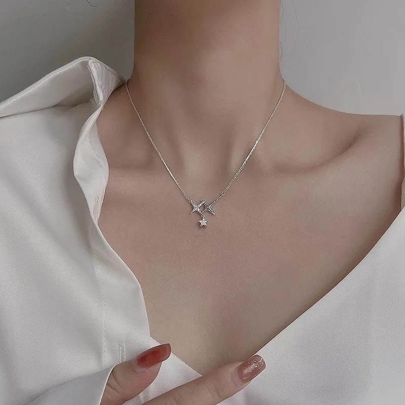 Hot selling 925 sterling silver four pointed star necklace cross tassel sparkling diamond collarbone chain luxury jewelry