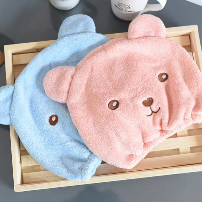 Cute Bear Quickly Dry Hair Hat Super Absorbent Soft Bathroom Kids Adult Head Towels With Hair Dry Wrap Bonnets Bathroom Supplies