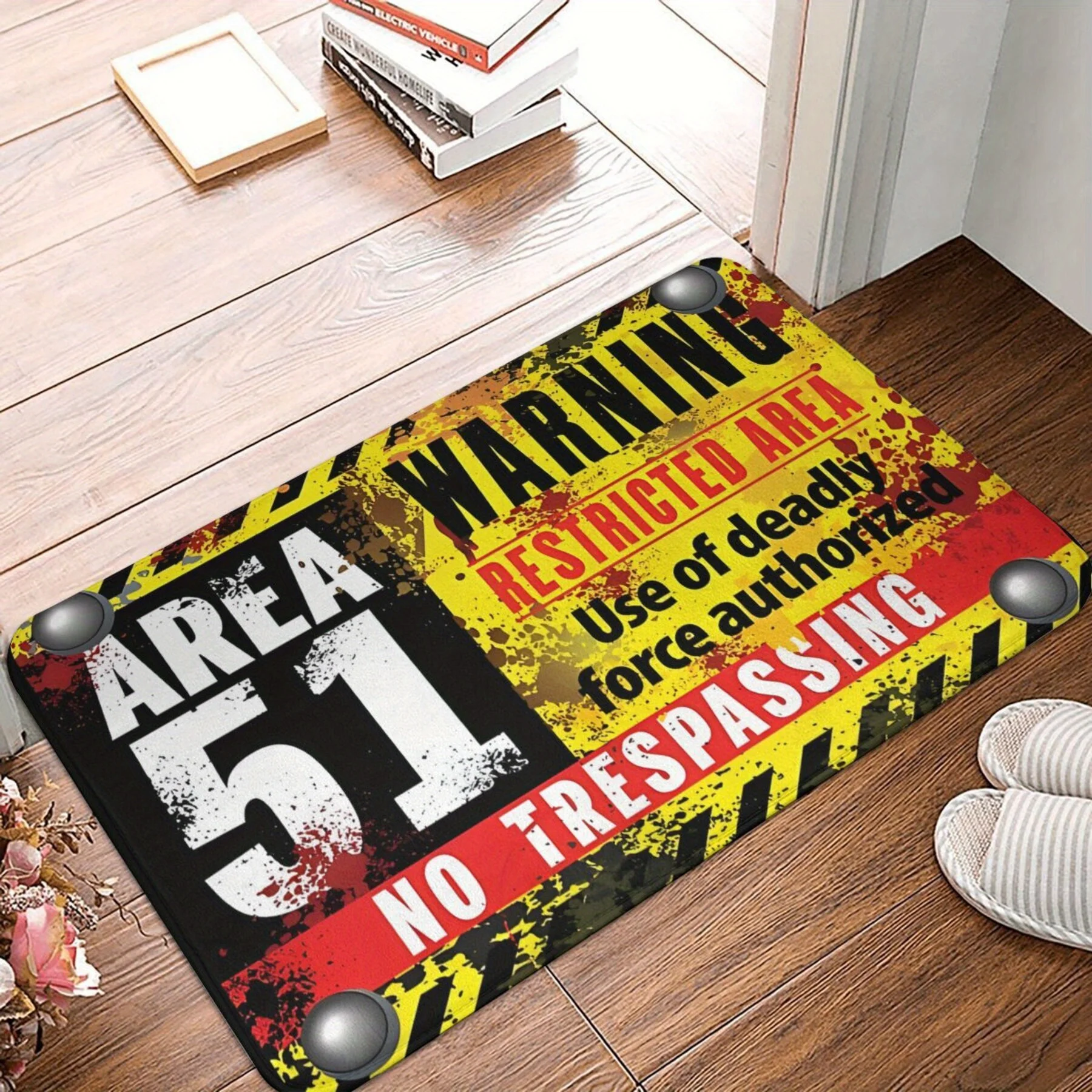 Area 51 Warning Sign Print Doormat, Funny Restricted Zone Floor Mat for Bedroom Game Room, Washable Decor Carpet