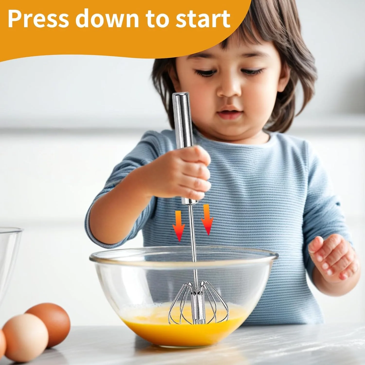 11 Inch Semi-Automatic Hand Push Rotary Whisk, Stainless Steel Egg Beater Mixer Stirrer, Manual Rotary Whisk Tool for Whipping Cream, Egg Beating and Kitchen Stirring view 3