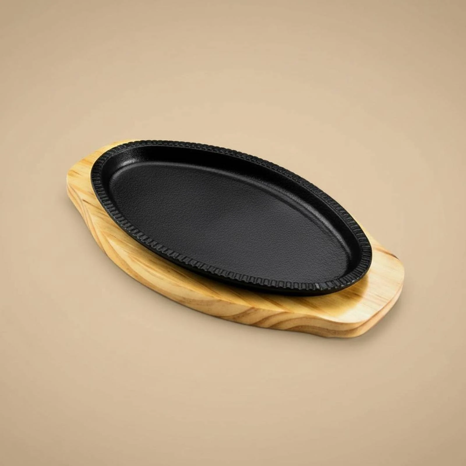 Oval Cast Iron Platter Wooden Base Oval Cast Iron Plate Cookware Heat Retention Sturdy for Restaurant, Barbecue